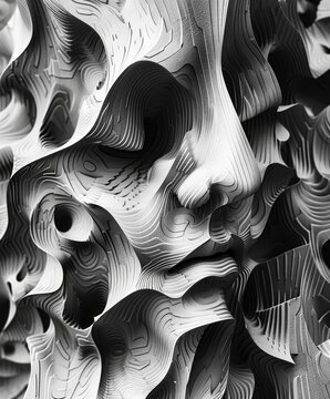 Abstract pattern containing a tortured contorted face in monochrome, creating a surreal visual illusion. Black. White.