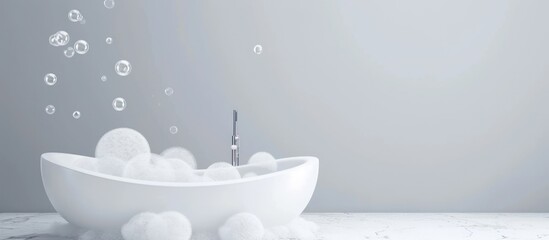 White bathtub with soap bubbles and water flowing from the faucet on a gray background