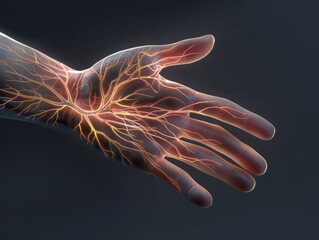 Digital artwork of a human hand displaying intricate nerve structures with an orange glow.