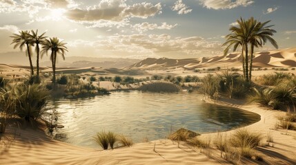 Obraz premium A serene oasis amidst golden sand dunes, with palm trees and a calm pool of water under a sunny sky.