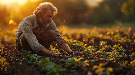 A man is kneeling in a field of plants - Powered by Adobe
