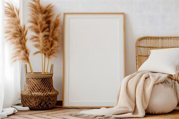 In the living room, there is a vertical frame mockup on the wooden floor, surrounded by dry pampas grass, woven basket, a blanket, and a pillow with tassels against the white wall