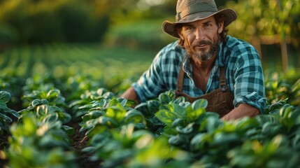 A man in a plaid shirt and hat is working in a field of green plants