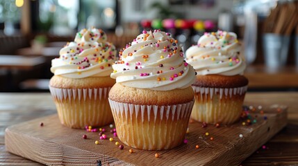 Three cupcakes with white frosting and red sprinkles on a white plate