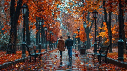 A couple walking in the fall with leaves on the ground