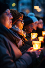 A realistic photograph of a diverse group of people holding candles during a candlelight vigil for peace, conveying a sense of solemnity and shared commitment to promoting harmony and understanding. - obrazy, fototapety, plakaty
