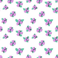 Seamless abstract botanical pattern. Purple flowers on white background. Digital brush strokes. Design for textile fabrics, wrapping paper, background, wallpaper, cover.