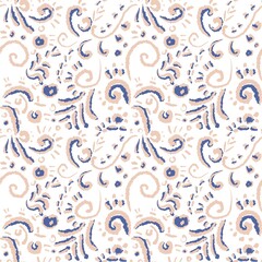 Seamless abstract botanical pattern. Beige, blue, white. Circles, dots, lines. Digital brush strokes. Design for textile fabrics, wrapping paper, background, wallpaper, cover.