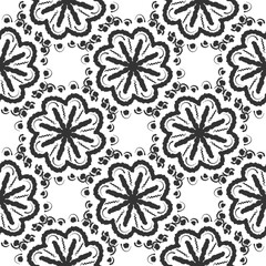 Seamless abstract botanical pattern. Black flowers on white background. Black lines. Digital brush strokes. Design for textile fabrics, wrapping paper, background, wallpaper, cover.