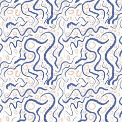 Seamless abstract textured pattern. Beige, blue, white. Digital brush strokes. Lines, curves, circles. Design for textile fabrics, wrapping paper, background, wallpaper, cover.