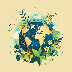 Illustration of the Earth surrounded by a variety of flowers