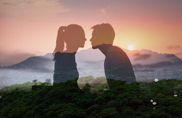 Romantic couple kissing in the sunlight 