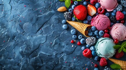 Summer ice cream flavors with fresh fruit salad, assorted berries, nuts, sugar cones and a scoop as...