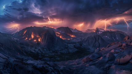 Landscape with intense lightning storm over canyons