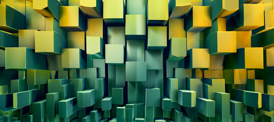 An image featuring a sleek, modern design with geometric shapes forming a staggered, 3D effect in vibrant shades of green and yellow