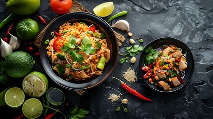 Thai food background, Dishes of thai cuisine, Tom yum, tom kha gai, pad thai noodles, fried rice with pork and vegetables khao phat mu, green papaya salad som tam, thai fruits, Space for text