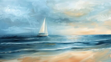 Tranquil Trails: A Serene Seascape Depicting a Sailboat's Graceful Journey