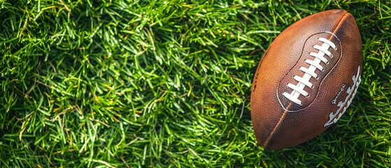 Obraz premium Ball for American football on fresh green field grass, top view. Space for text