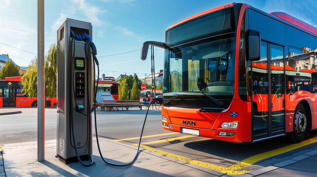 Stockphoto, copy space, modern public transport bus charging on an electric charging point, renewable energy theme. Clean green energy, zero waste.