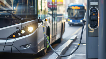 Fototapeta premium Stockphoto, copy space, modern public transport bus charging on an electric charging point, renewable energy theme. Clean green energy, zero waste.