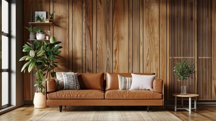 3D, Interior living room wall mockup with leather sofa and decor on wooden wall background.
