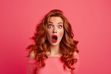 Young beautiful woman giving shocking expression on pink background