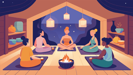 A cozy cabin sauna with soft lighting as friends lie down on mats and listen to a guided meditation together..