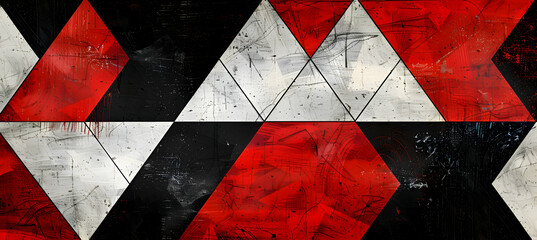 An image of a bold geometric pattern featuring large triangles and rectangles in a striking red and black color scheme