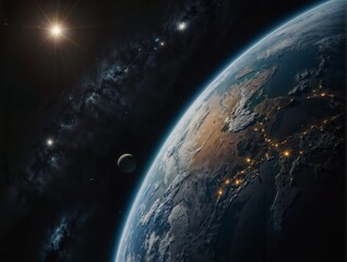 The earth as seen from space at night, showcasing the illuminated cities and natural lights of the planet