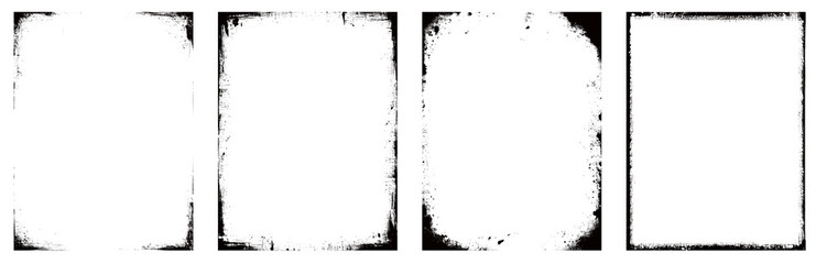 Set of grungy silhouette frames. Aged worn antique retro borders isolated. Transparent background PNG. Horror borders and frames. Grain texture and brush strokes. Retro, vintage. Set 05