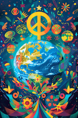 A symbolic illustration for International Day of Peace featuring a globe surrounded by peace symbols and diverse cultural elements, promoting global harmony.