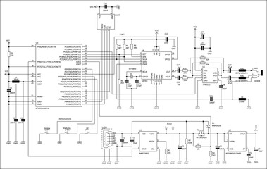 Schematic diagram of electronic device.
Vector drawing electrical circuit with 
integrated circuit, usb, microcontroller,
resistor, capacitor, other components 
on white background of paper sheet.