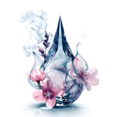 A drop of crystal with flowers, shrouded in smoke. Body care product advertising or jewelry concept. 