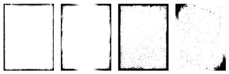 Set of grungy silhouette frames. Aged worn antique retro borders isolated. Transparent background PNG. Horror borders and frames. Grain texture and brush strokes. Retro, vintage. Set 01