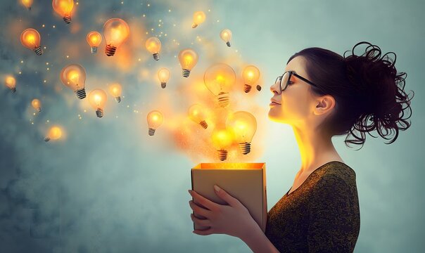 Side view of a woman with box full of brilliant ideas being creative