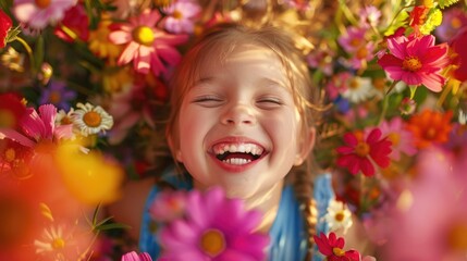 A young girl is beaming with a smile surrounded by vibrant flowers. The colorful petals cascade around her, creating a beautiful botanical scene perfect for a photograph AIG50