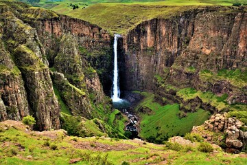 Maletsunyane Falls - 192 m high waterfall on the Maletsunyane River, it falls from a ledge of...