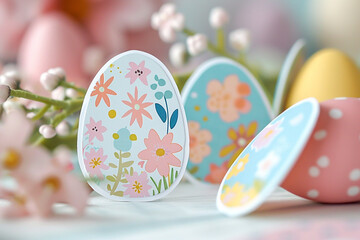 Fototapeta premium A playful, Easter-themed sticker glimmers in the light, its bright, colorful design and delicate, paper texture creating a sense of fun.