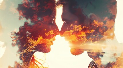 Double exposure portrait of a couple combined with photograph of nature