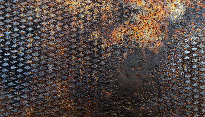 macro photo of rusty black metal plate surface with diamond metal texture