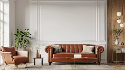 Living room wall mockup in bright tones with leather sofa and leather armchair, 3D.