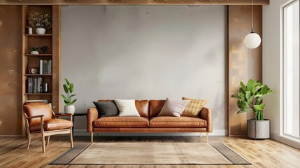 Living room wall mockup in bright tones with leather sofa and leather armchair, 3D.