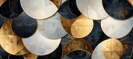 An image of a sophisticated geometric arrangement with overlapping circles and ellipses in metallic gold and black, suggesting elegance and luxury