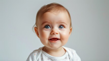 Naklejka premium Adorable blue-eyed baby with cheerful expression in white outfit