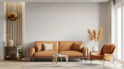 Living room wall mockup in bright tones with leather sofa and leather armchair, 3D.