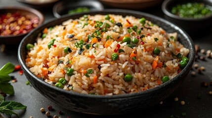 Chinese fried rice with a variety of ingredients. AI generate illustration