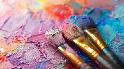 Fototapeta premium Vibrant oil paints and brushes on artist's palette