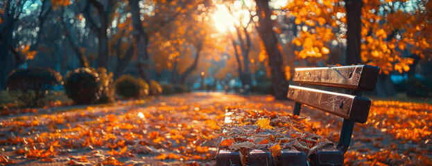 A bench in a park with leaves on the ground and rain falling