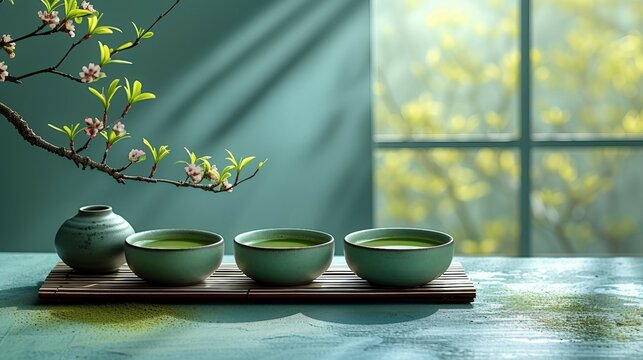 A matcha tea set in vibrant green color and tea accessories. AI generate illustration
