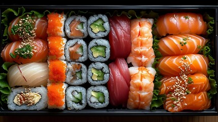 A bento box, showcasing a well organized assortment of sushi. AI generate illustration